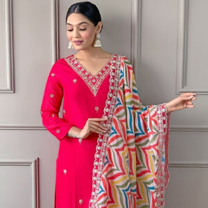 Pink Pure Silk Kurta Pant Dupatta Set – Embroidered Ethnic Elegance for Women
