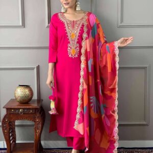 Kurta Pant Dupatta Set – Embroidered Elegance in Pink for Women