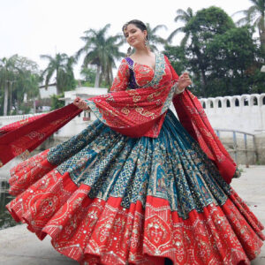 Maroon Bandhani Printed Lehenga Choli with Mirror Work and Embroidered Dupatta