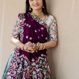 Bandhej Lehenga Set with Embroidered Choli and Contrasting Dupatta