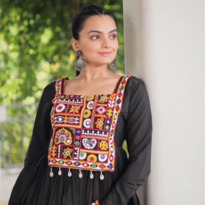 Black Kutchi Embroidered Square-Neck Top