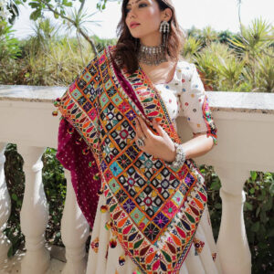 Elegant White Chaniya Choli with Mirror Work and Pink Bandhani Dupatta