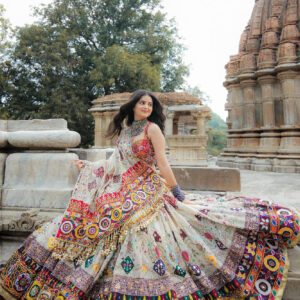 Elegant White Navratri Lehenga Choli with Multicolor Embroidery and Prints