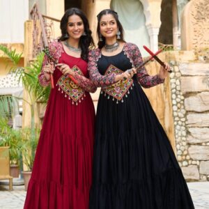 Ethnic Flared Anarkali Gown with Kutchi Mirror Work and Printed Sleeves