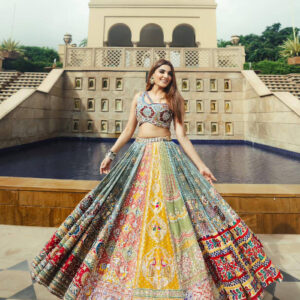 Handcrafted Gujarati Chaniya Choli with Vibrant Multi-Hued Panels