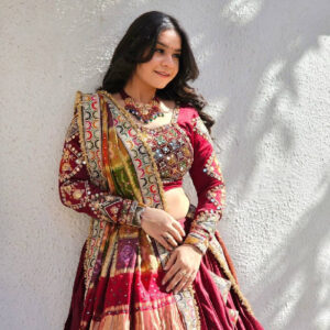 Maroon Lehenga Choli with Multicolor Geometric Patchwork Accents