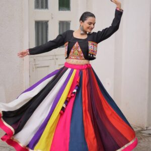 Multicolor Panelled Lehenga Choli with Black Embroidered Crop Top and Jacket