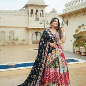 Multicolor Panels & Patchwork Lehenga with Dark Green Dupatta