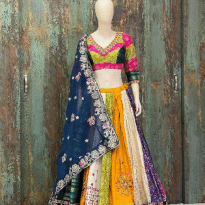 Multicolor Patchwork Lehenga Choli with Navy Blue Embroidered Dupatta