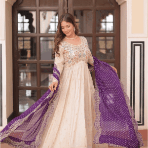 Traditional Floor-Length Anarkali Dress with Jacquard Weaving