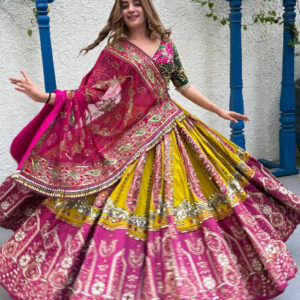 Vibrant Yellow and Magenta Traditional Chaniya Choli with Mirror and Thread Work