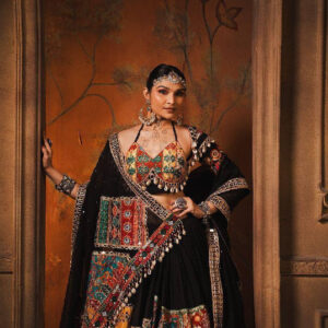 Designer Ethnic Lehenga Set in Black with Vibrant Patchwork Dupatta